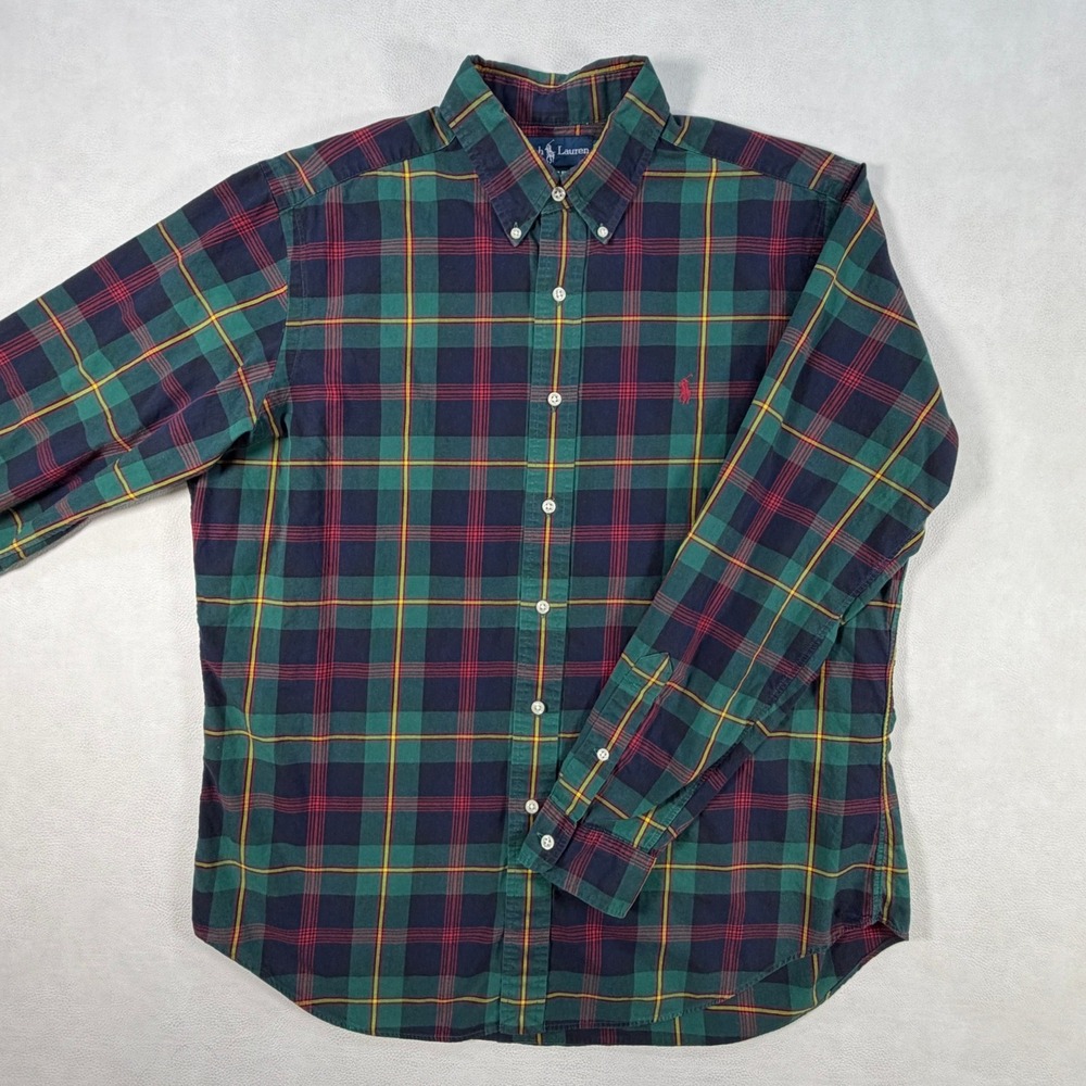 Ralph Lauren Mens Large Plaid Button Down Shirt Classic Fit Green Navy Blue